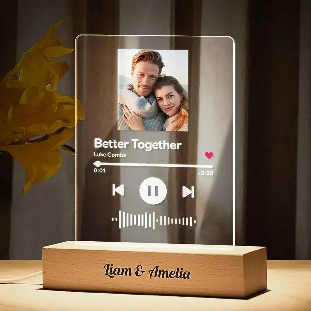 Personalized Spotify Code Night Light – Custom Photo Song Plaque with Wooden LED Base