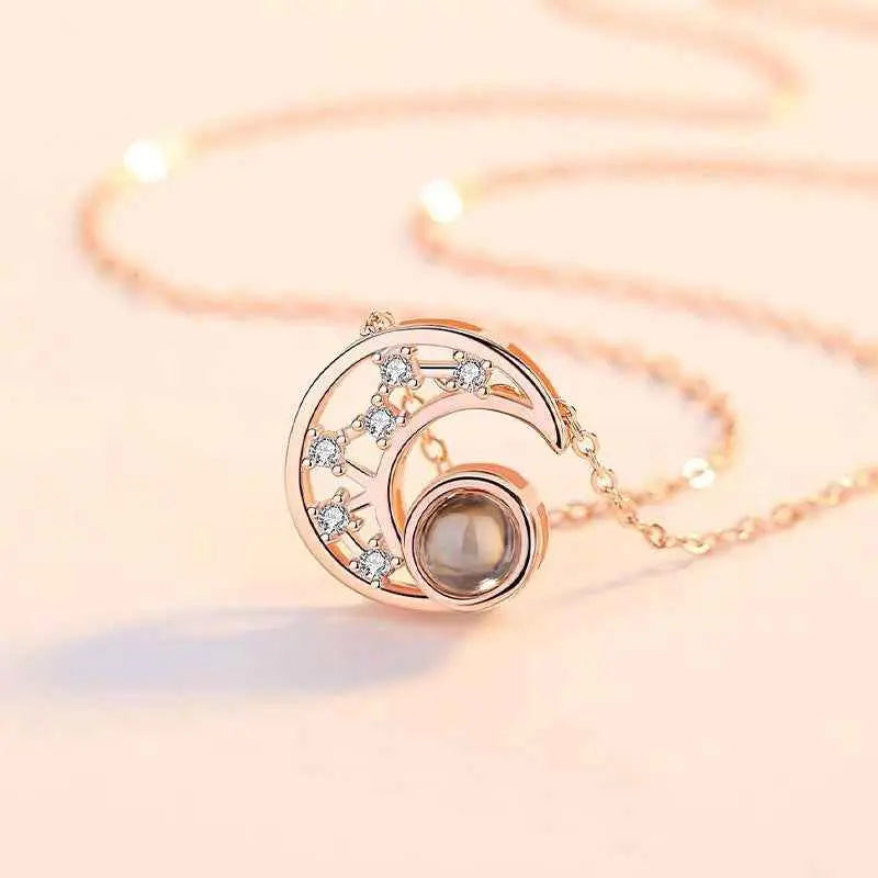 Star & Moon Projection Necklace – “I Love You” in 100 Languages Silver Clavicle Pendant
