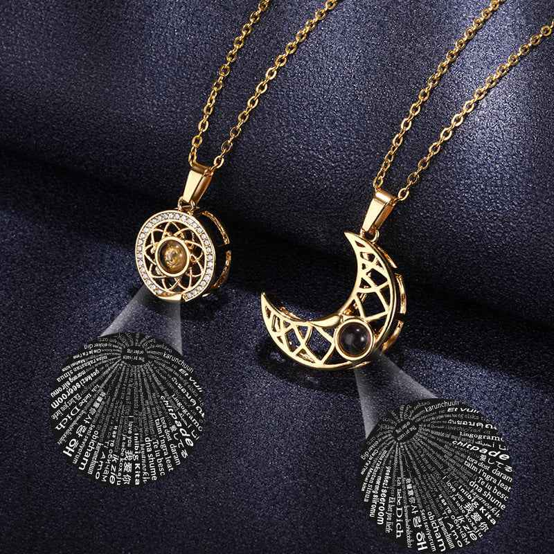 Sun & Moon Couple Projection Necklace – “I Love You” in 100 Languages Matching Set