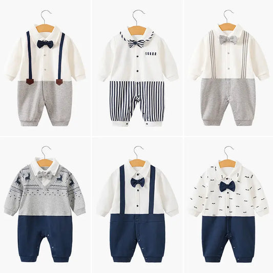 Baby Boy Cotton Romper – Long Sleeve British Style Newborn Jumpsuit (0–12 Months) EPR