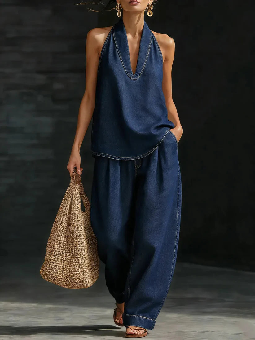 Women’s Off-Shoulder Wide Leg Pants Set – Elegant Sleeveless Matching Outfit