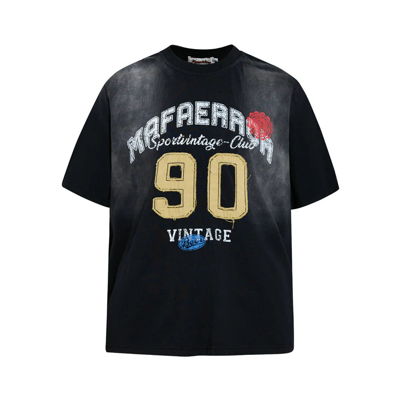 Vintage Spray Paint Embroidered Streetwear T-Shirt for Men – Loose Fit Graphic Tee