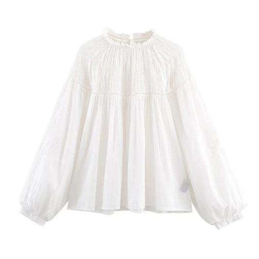Women’s Ruffle Collar Blouse – Long Sleeve Elegant White Casual Top (XS–L) EPR