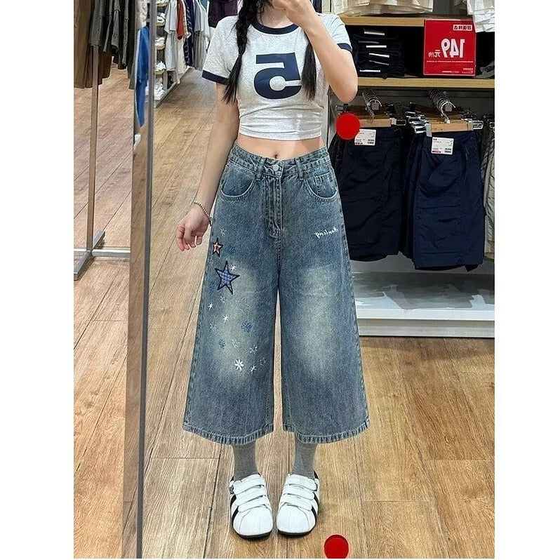 Women’s Cropped Straight Leg Denim Pants – Relaxed Wide Leg Cotton Blend Jeans | Casual Blue Ankle-Length Trousers EPR