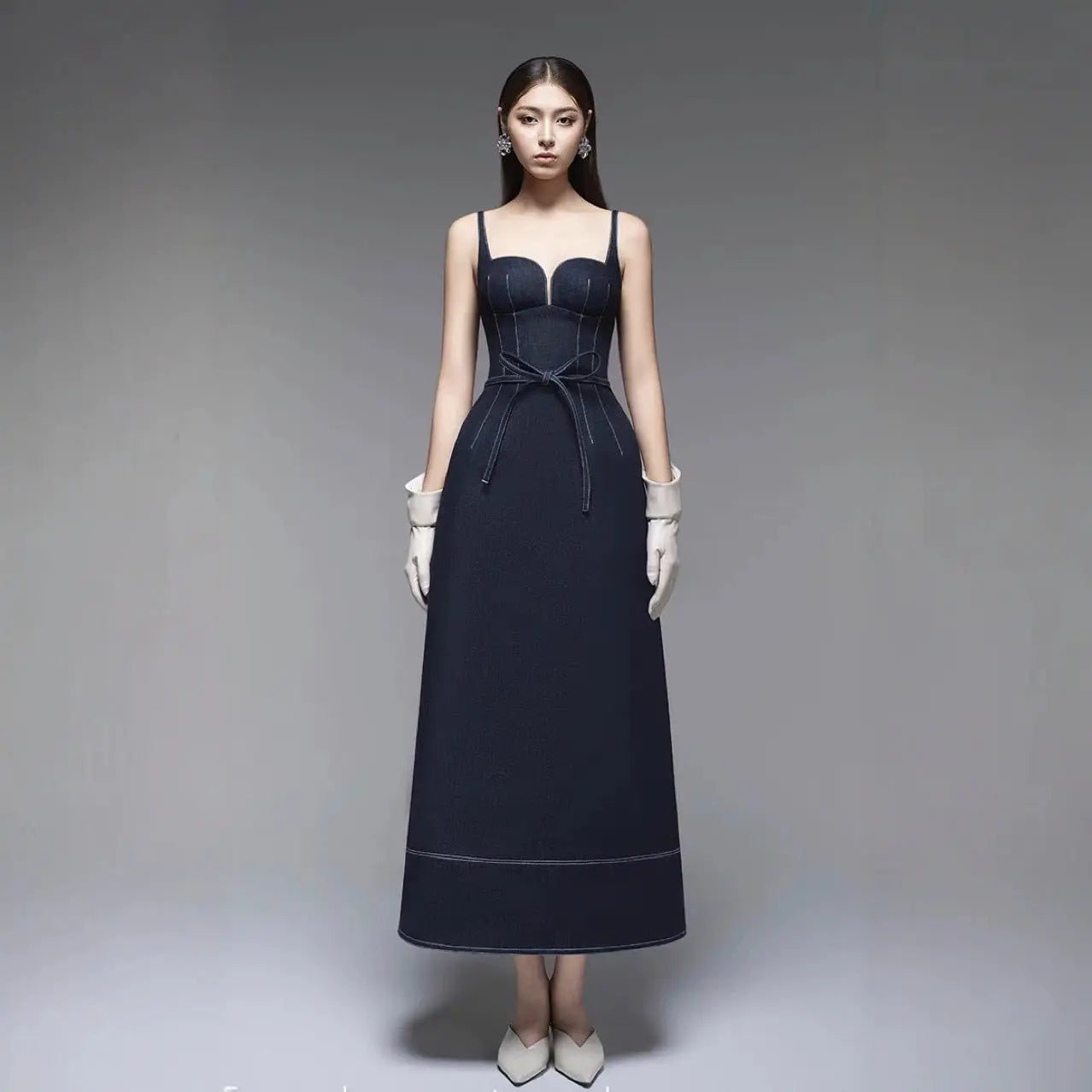 Women’s Sleeveless Denim Maxi Dress – Elegant A-Line High Waist Long Dress | Casual Chic Blue Jean Dress