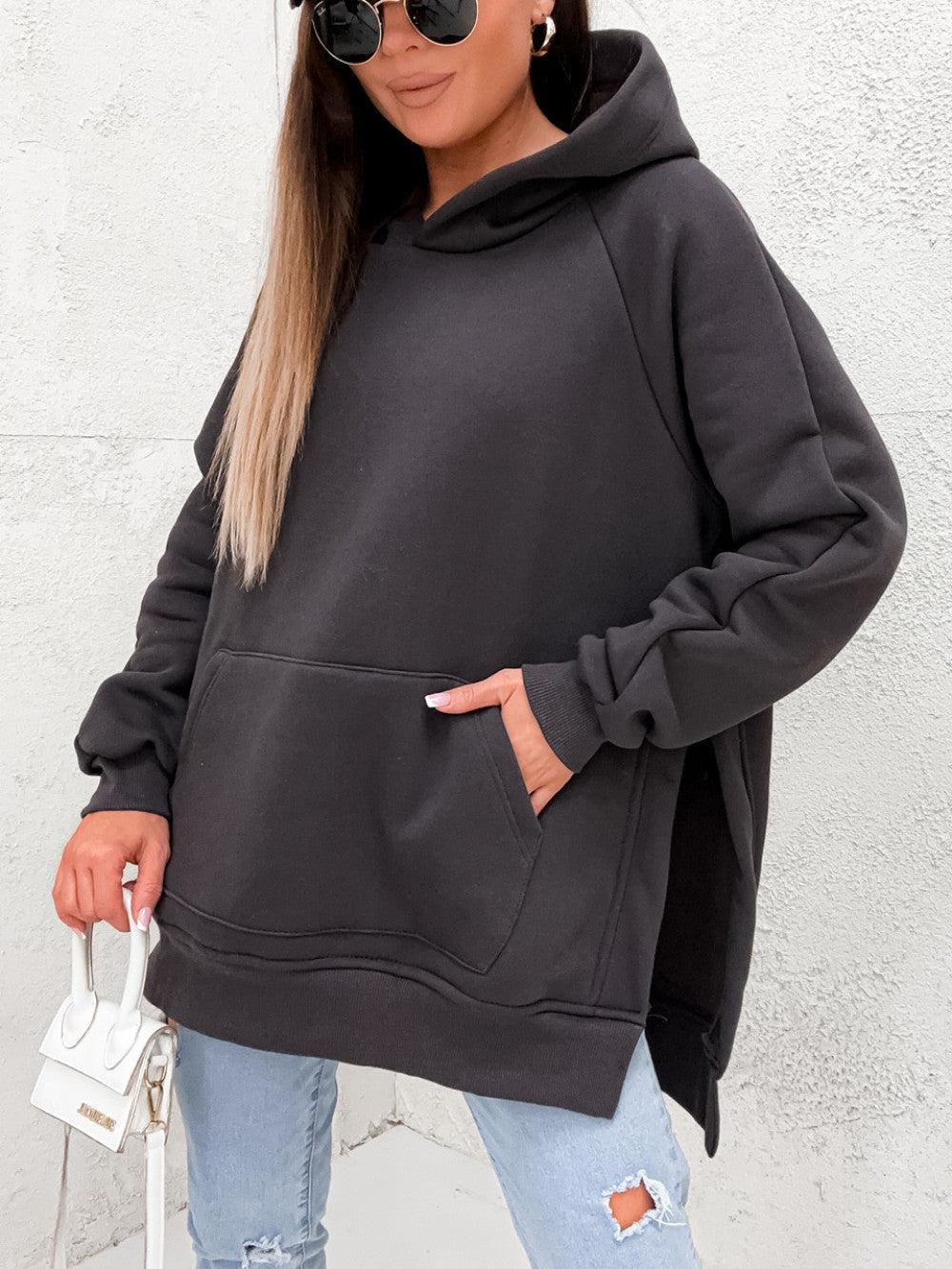 Women’s Oversized Pullover Hoodie – Casual Pocket Slit Sweatshirt | Loose Fit Long Sleeve Hooded Top EPR