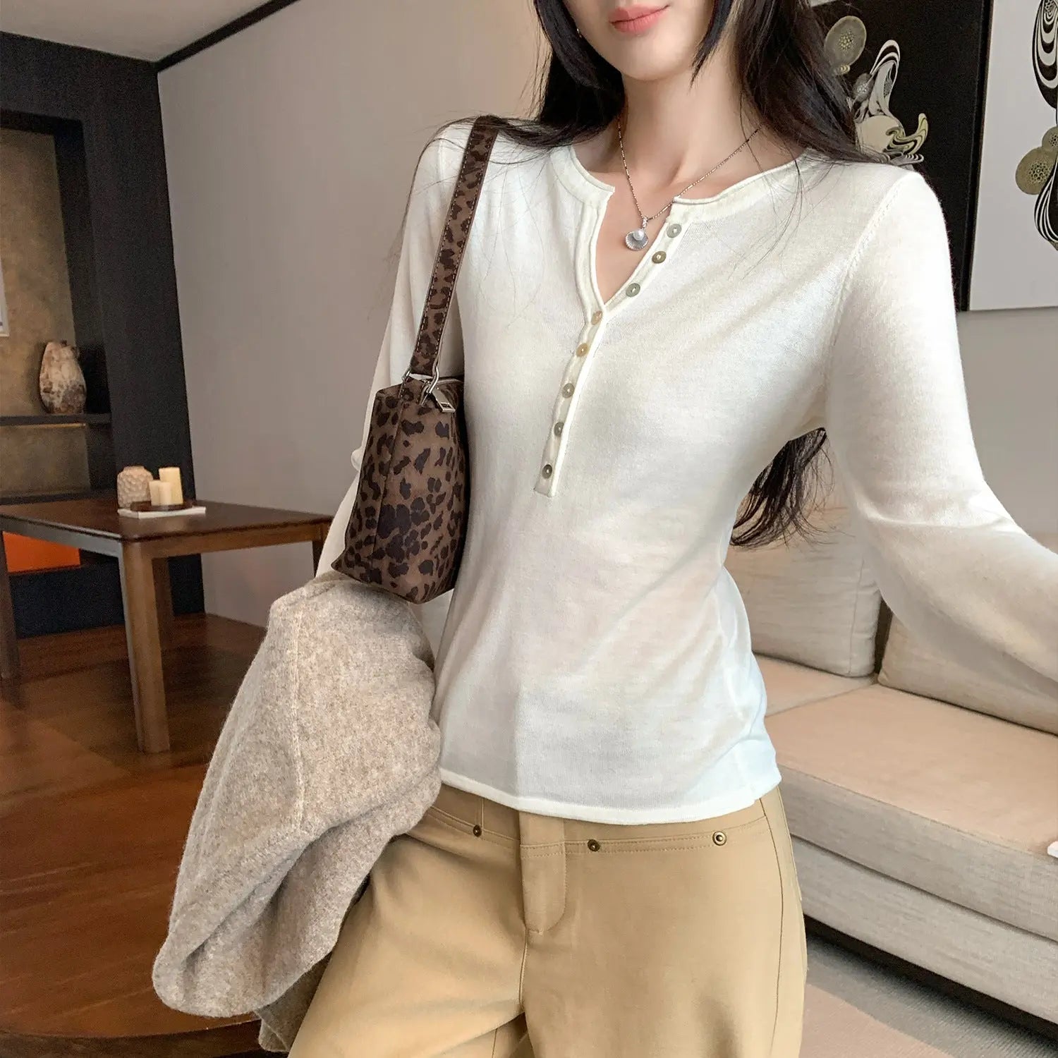Women’s Henley Long Sleeve Slim Fit Top – Half-Open Collar Knit T-Shirt EPR