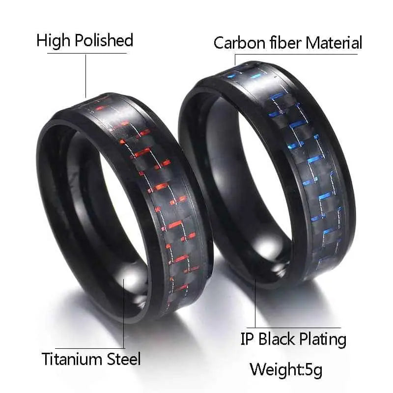 Men’s Titanium Steel Carbon Fiber Ring – Black with Red/Blue Accent (Father’s Day Gift)
