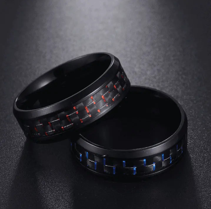 Men’s Titanium Steel Carbon Fiber Ring – Black with Red/Blue Accent (Father’s Day Gift)