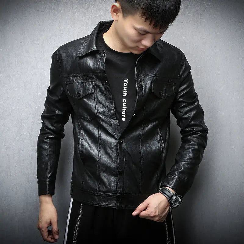 Mens PU Leather Jacket Slim Fit Zipper Coat for Spring & Fall TED
