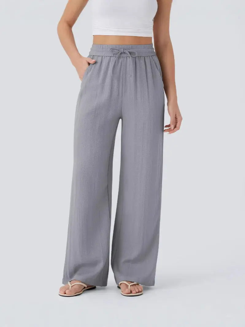 Women’s High-Waisted Wide Leg Pants – Drawstring Linen-Feel Trousers with Pockets | Casual Relaxed Fit TED