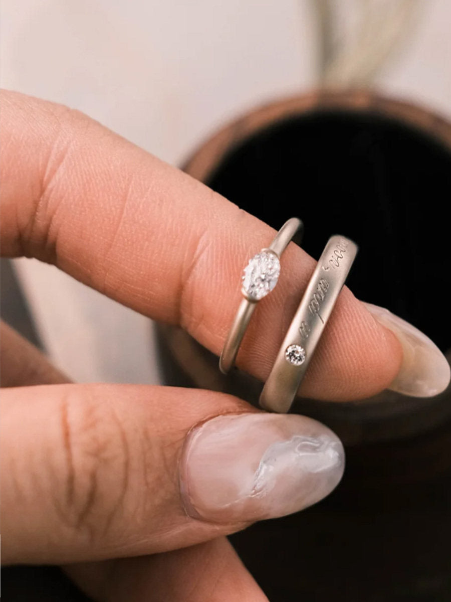 Minimalist Lab-Grown Diamond Couple Rings - 925 Sterling Silver Matching Wedding Bands | Custom Engraved Promise Rings TED