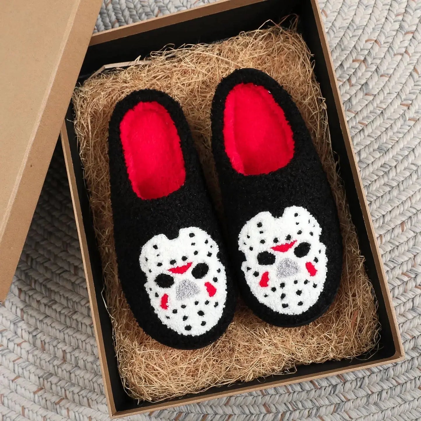 Halloween Plush Slippers Skull Pumpkin Ghost Cozy Anti-Slip Indoor Shoes TED
