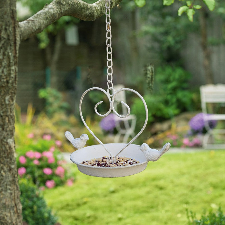 Vintage Iron Bird Feeder - Antique White Hanging Garden Bird Feeder | Rustic Outdoor Yard & Patio Decor TED