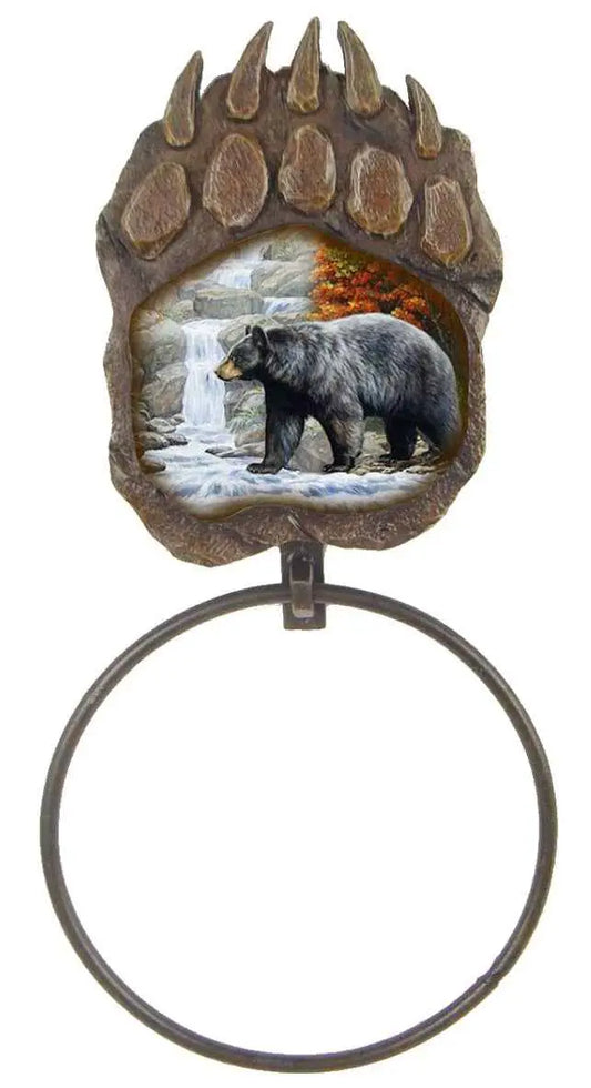 Rustic Bear Paw Towel Ring – Wildlife Cabin Bathroom Decor with Metal Ring