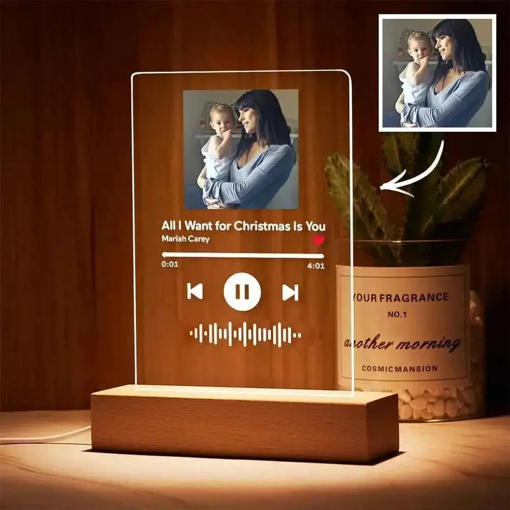 Custom Spotify Code Night Light – Personalized Photo Music Plaque with LED Wooden Base