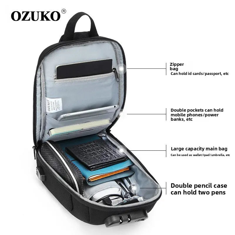 Mens Anti-Theft Chest Bag with USB Port Waterproof Tactical Sling Bag for Travel TED