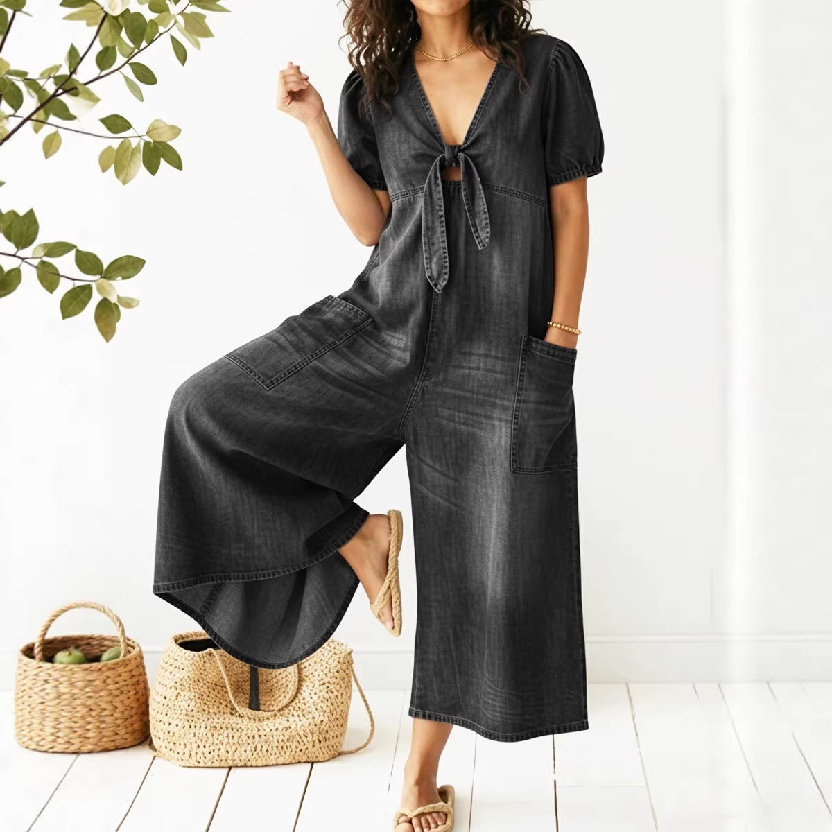 Womens Denim V-Neck Jumpsuit - Casual Loose Fit Straight Leg Romper | Free Shipping