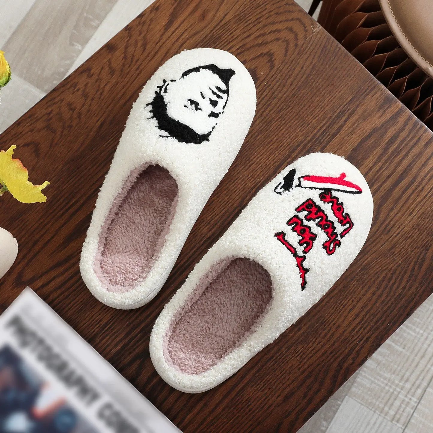 Halloween Plush Slippers Skull Pumpkin Ghost Cozy Anti-Slip Indoor Shoes TED