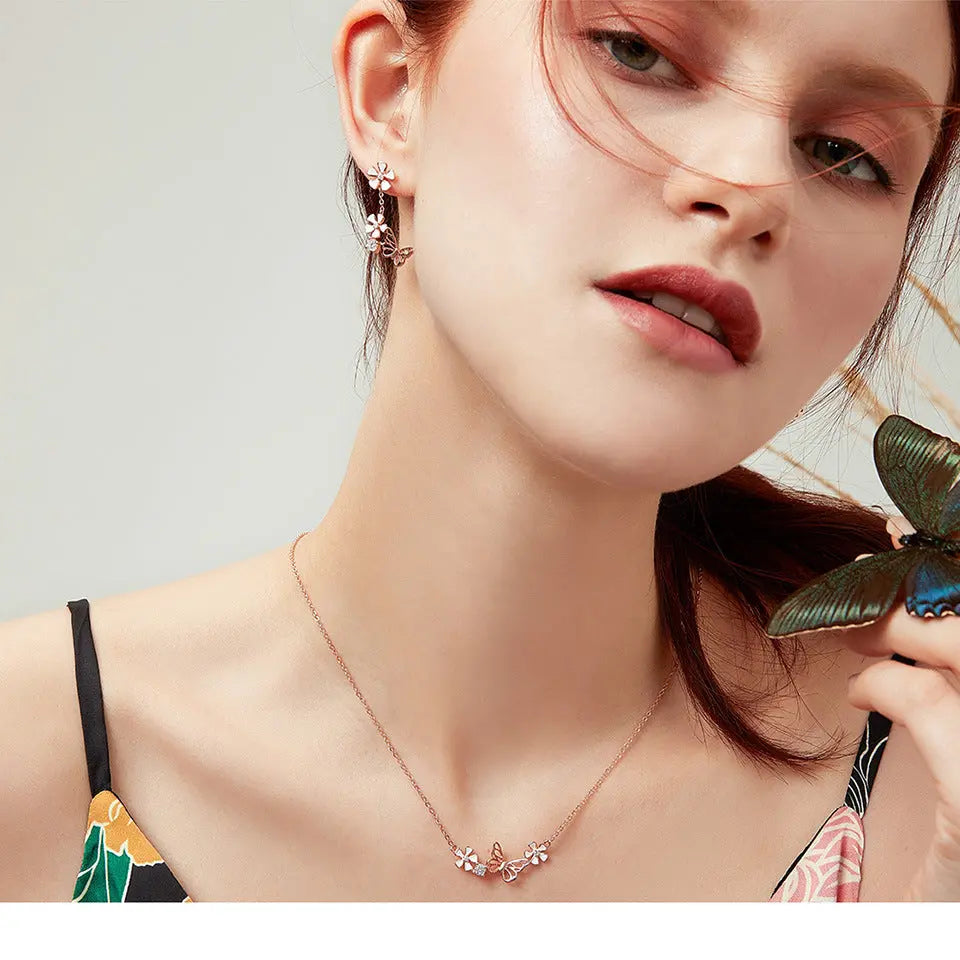 925 Silver Butterfly Flower Necklace - Elegant Floral Pendant Jewelry | Adjustable Water Wave Chain for Women