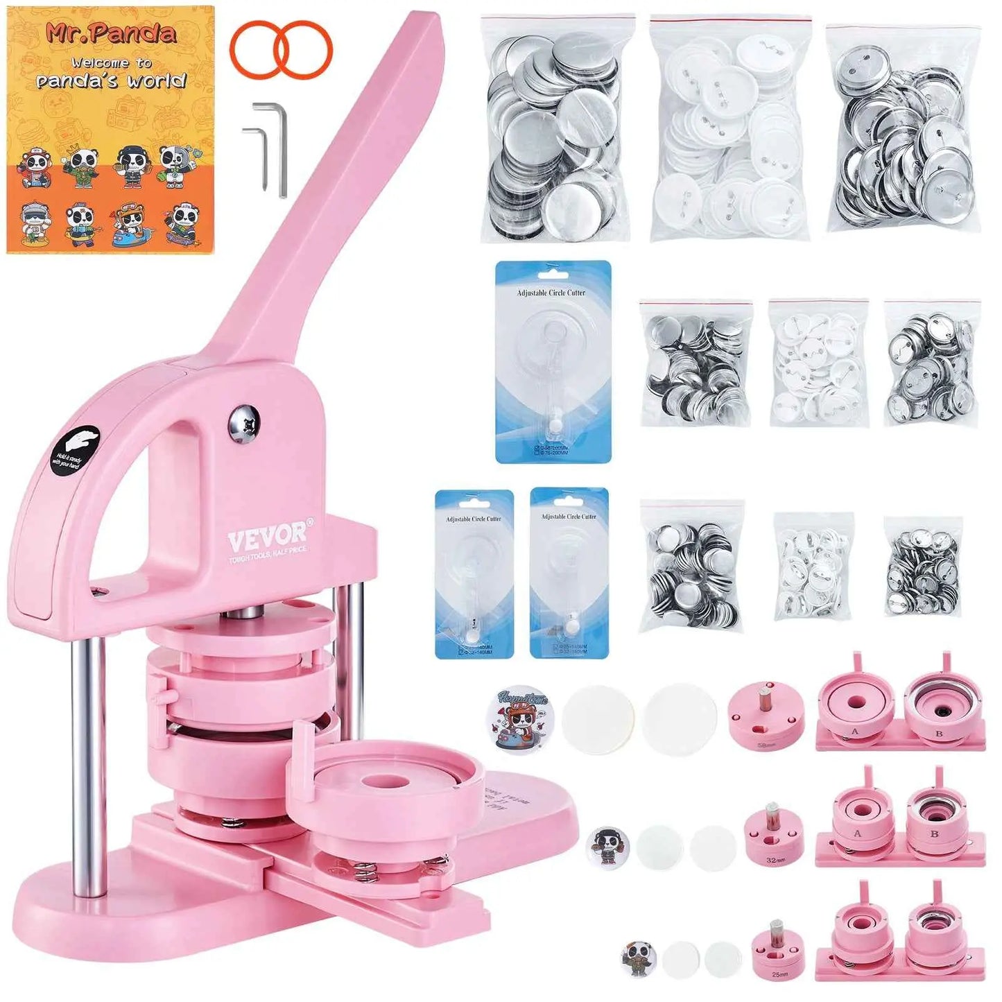 3-in-1 Button Maker Machine Kit – DIY Badge Press with 300pcs Parts & Panda Magic Book