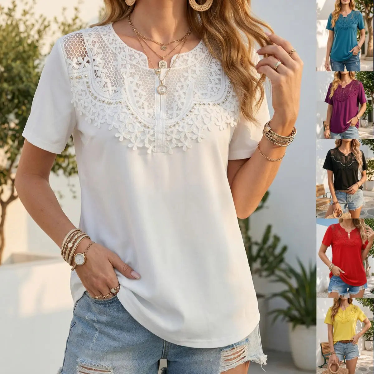 Women’s Pearl Trim Cutout T-Shirt – Casual Short Sleeve Top | Hollow-Out Embroidered Fashion Tee CJ