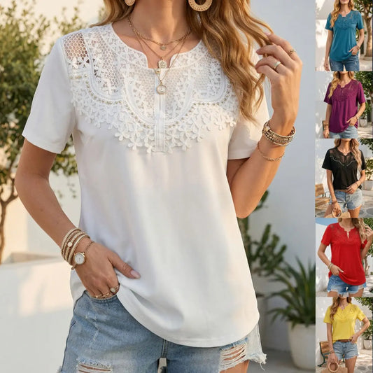 Women’s Pearl Trim Cutout T-Shirt – Casual Short Sleeve Top | Hollow-Out Embroidered Fashion Tee CJ