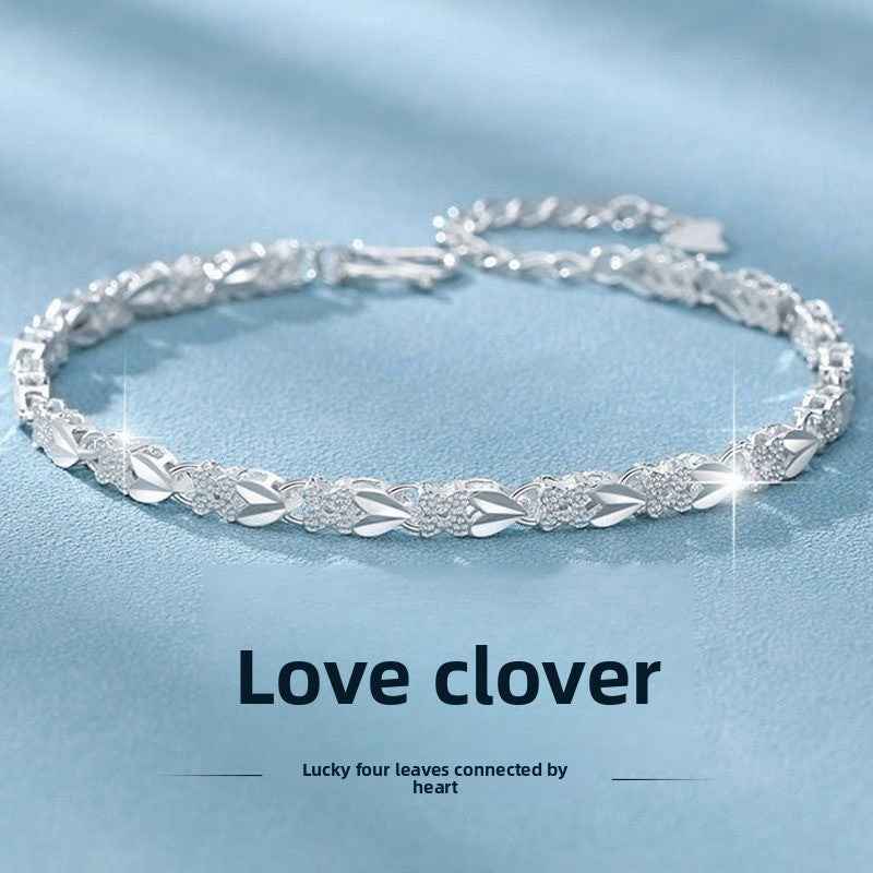 Adjustable Silver Four-Leaf Clover Charm Bracelet for Women