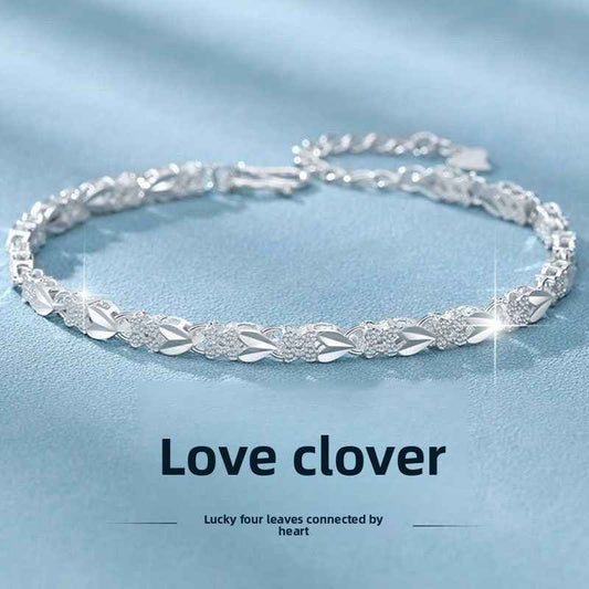 Adjustable Silver Four-Leaf Clover Charm Bracelet for Women