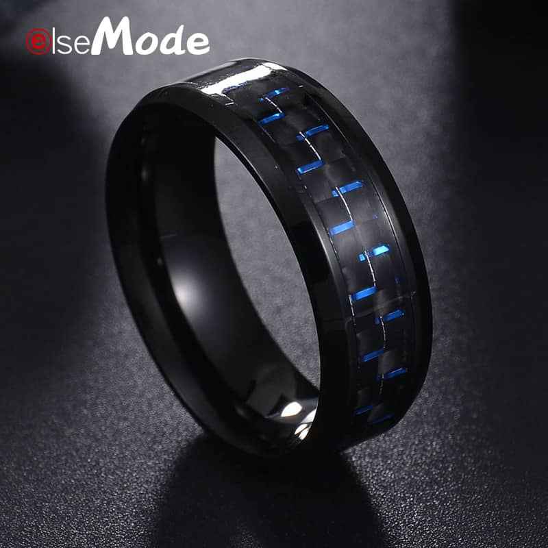Men’s Titanium Steel Carbon Fiber Ring – Black with Red/Blue Accent (Father’s Day Gift)