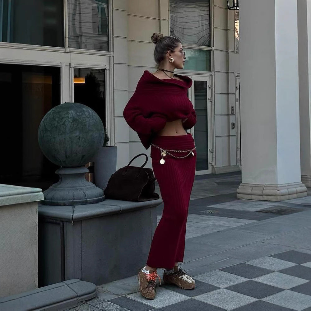 Womens Winter Outfit Two Piece Skirt Set – Off Shoulder Sweater & Long Skirt Outfit | Free Shipping
