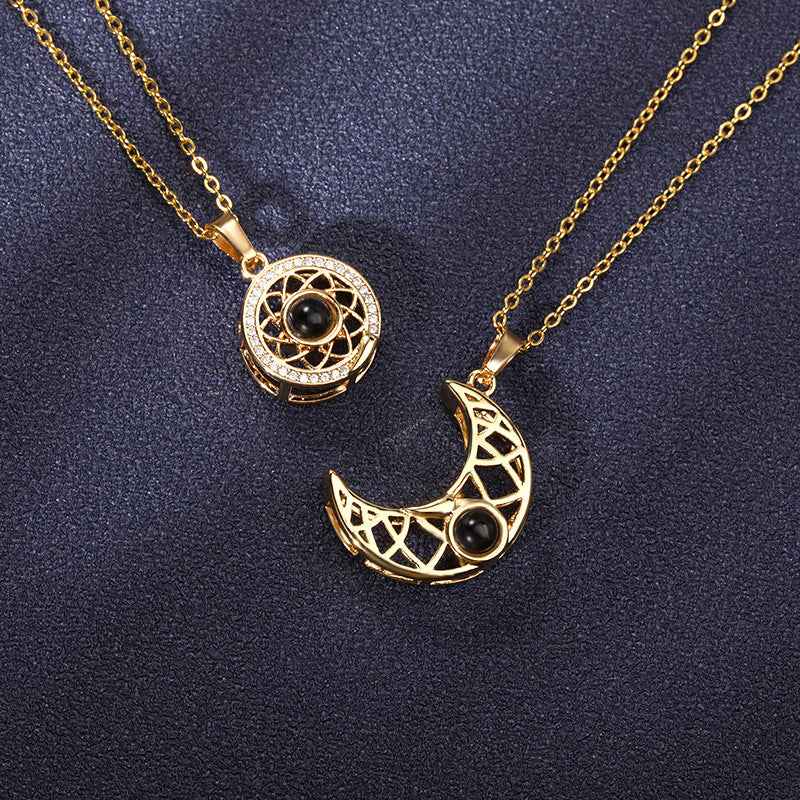 Sun & Moon Couple Projection Necklace – “I Love You” in 100 Languages Matching Set