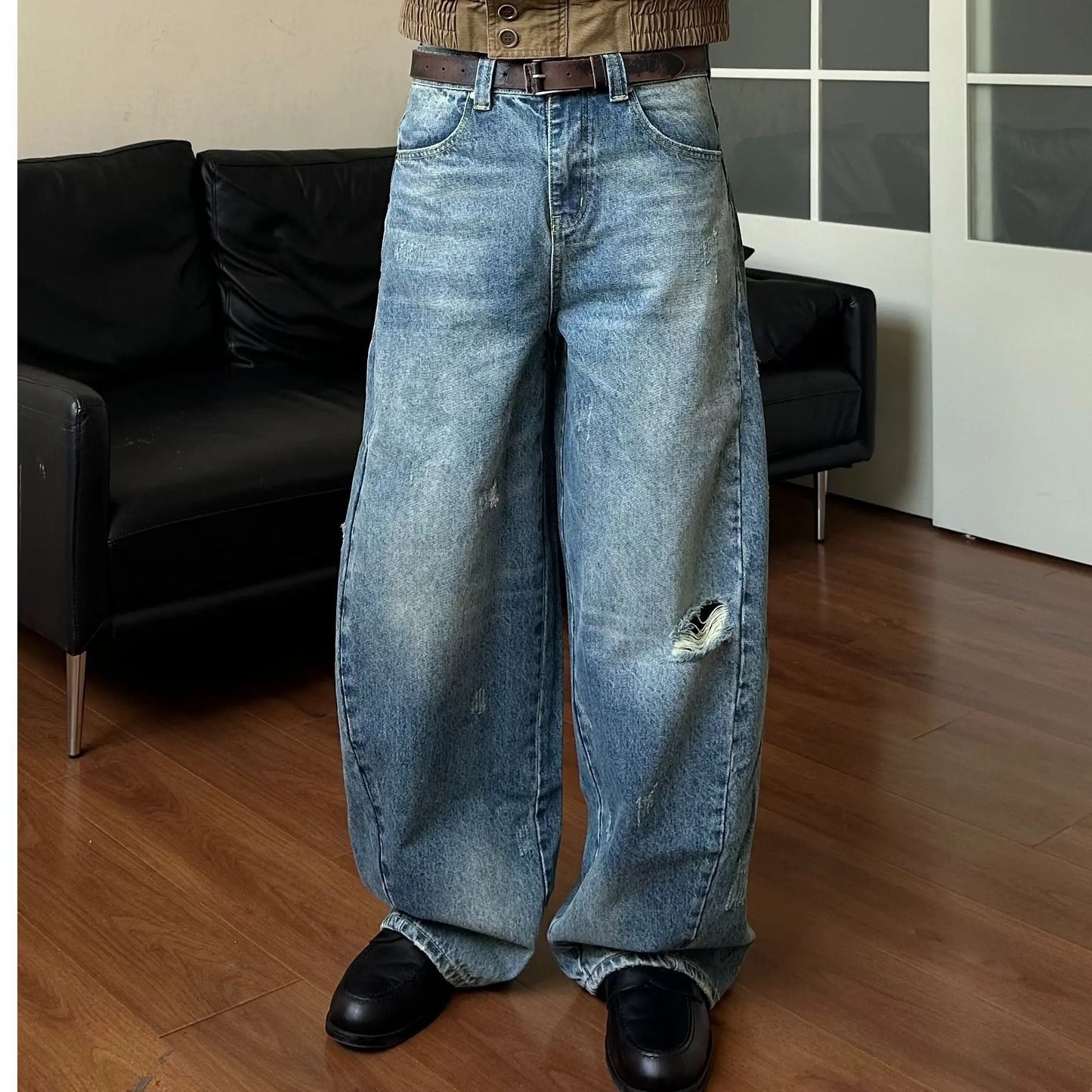Men’s Straight Leg Jeans – High Waist Washed Denim Pants (Blue) EPR