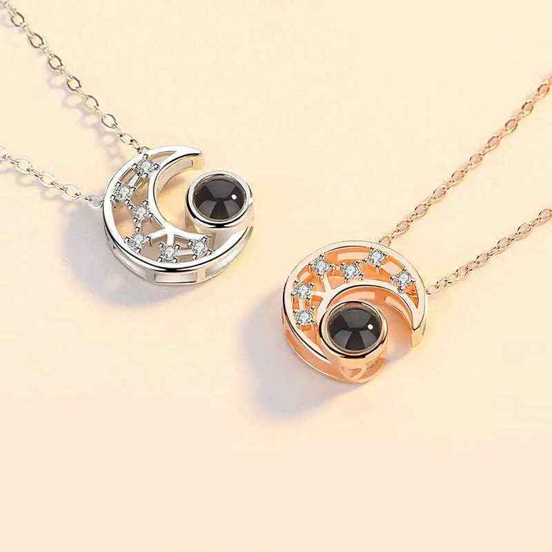 Star & Moon Projection Necklace – “I Love You” in 100 Languages Silver Clavicle Pendant