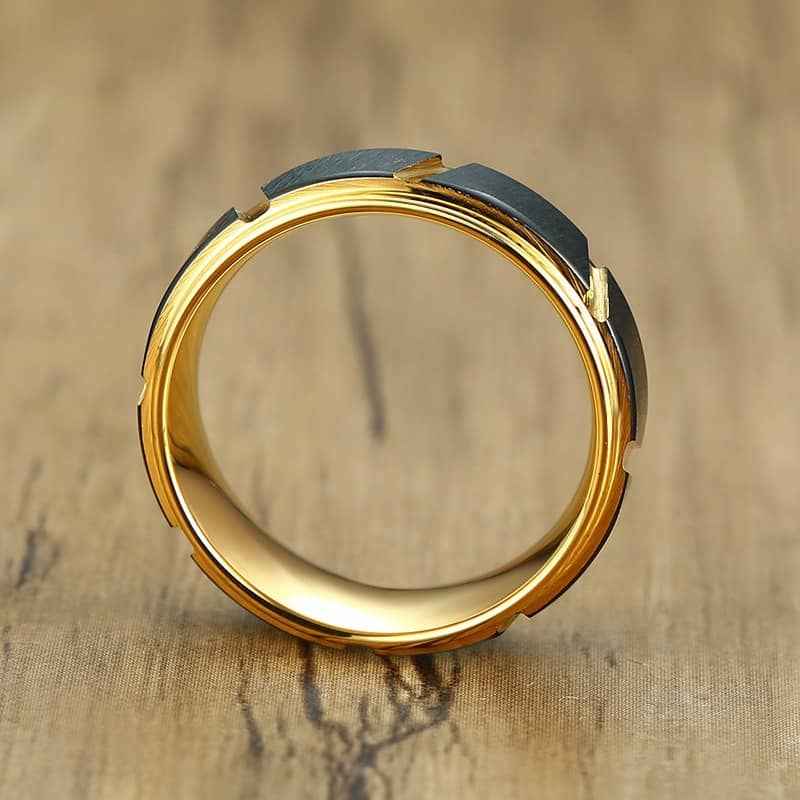 Men’s Tungsten Steel Ring – Black & Gold Geometric Band (Father’s Day Gift)
