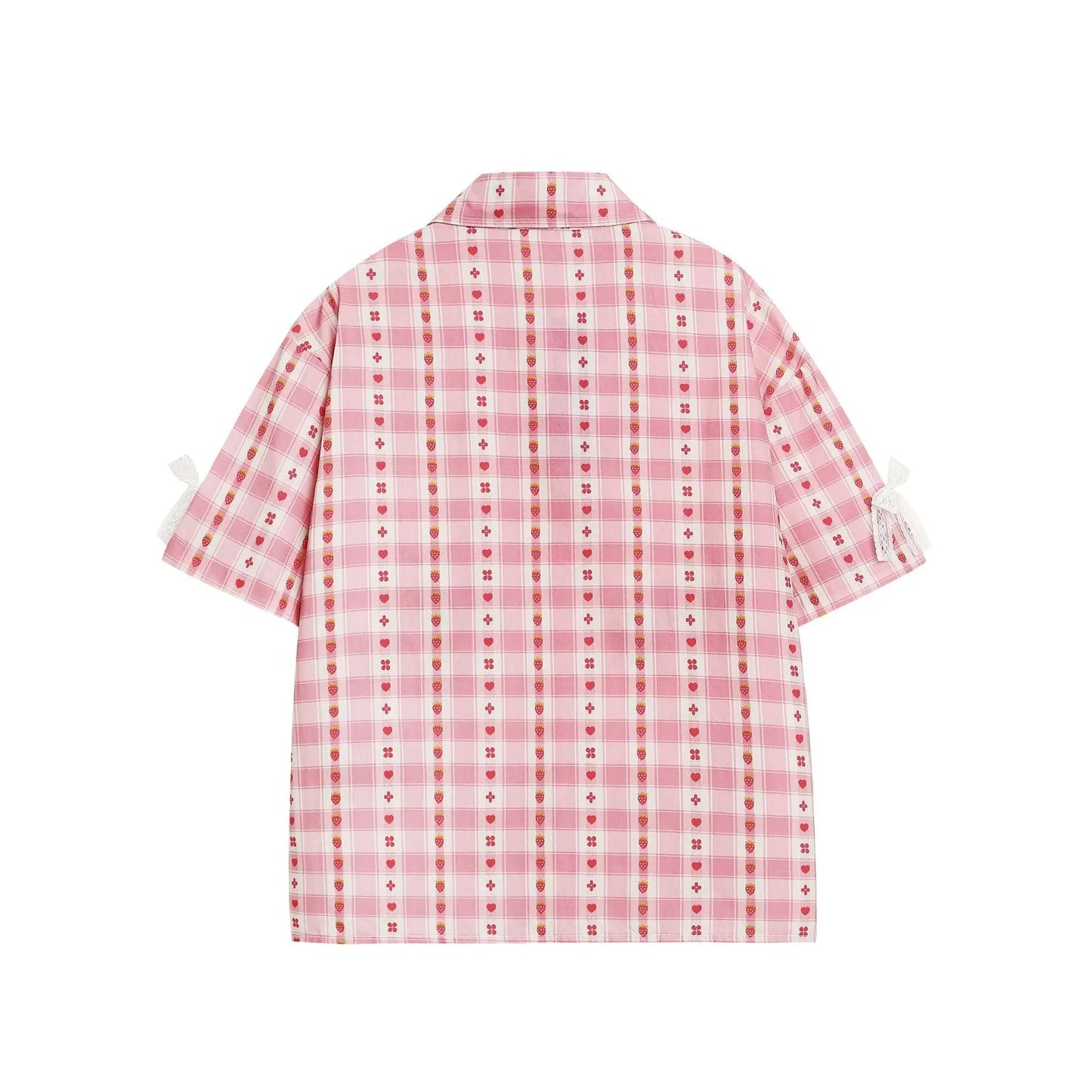 Women’s Pink Embroidered Cotton Shirt – Loose Fit Lace Collar Button-Up Blouse | Casual Short Sleeve Top
