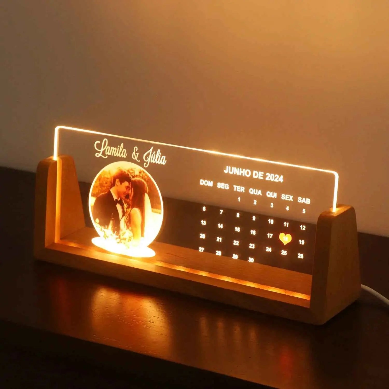Personalized LED Photo Frame Night Light – Custom Acrylic Memorial Plaque with Wooden Base
