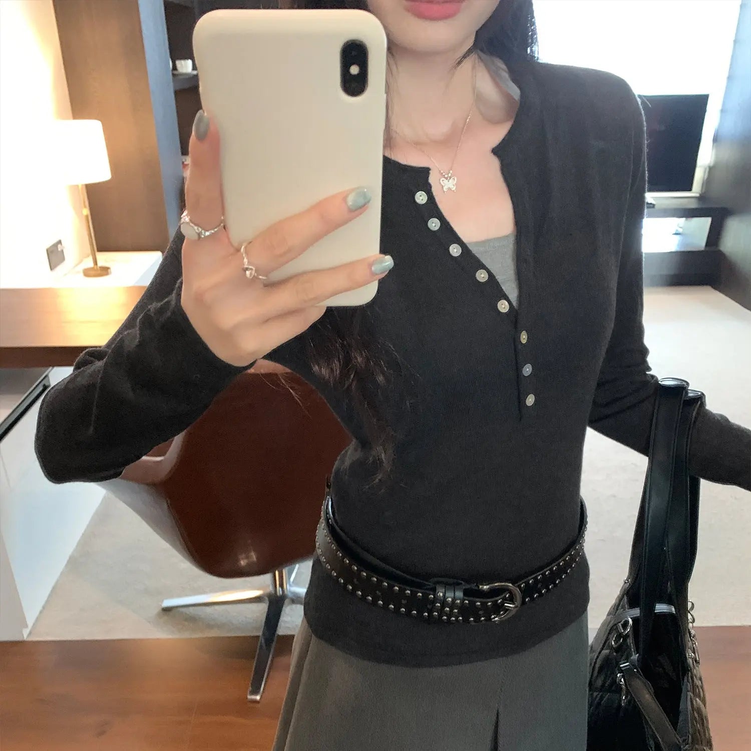 Women’s Henley Long Sleeve Slim Fit Top – Half-Open Collar Knit T-Shirt EPR