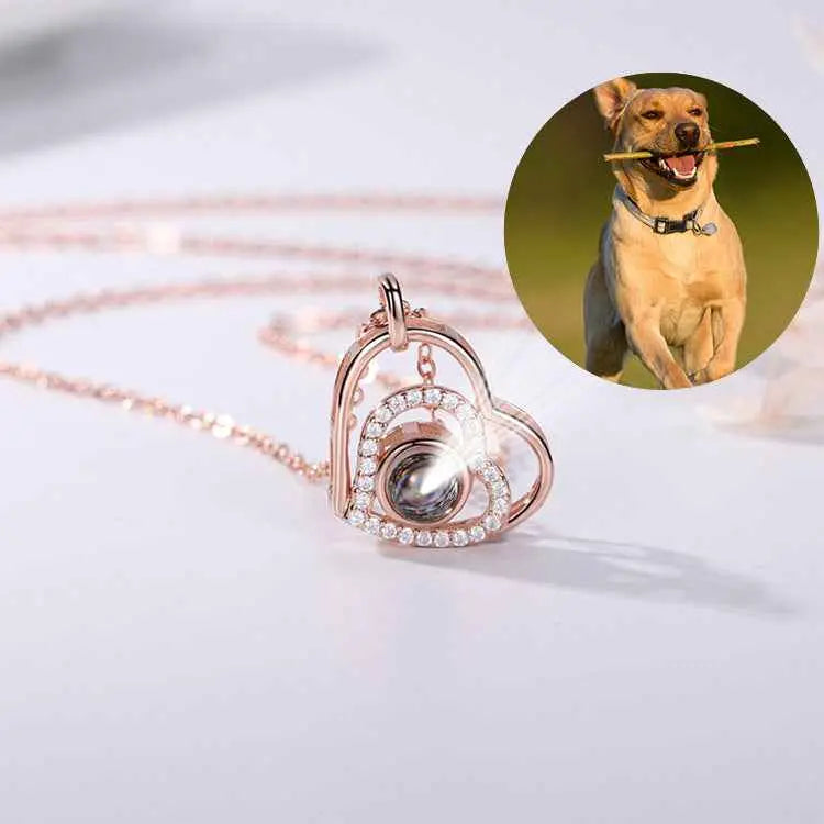 Custom Photo Projection Heart Necklace – “I Love You” in 100 Languages Love Bear Pendant