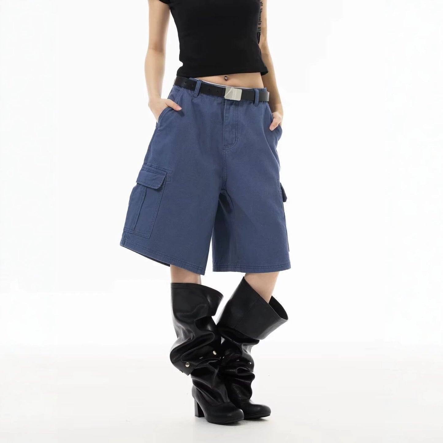 Women’s High Waist Capri Straight Leg Pants – Lightweight French Workwear Casual Trousers | Relaxed Blue Cropped Pants EPR