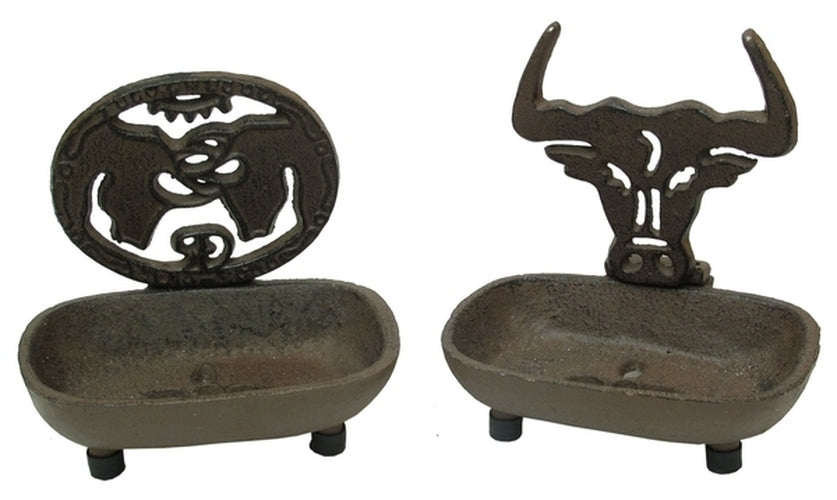 Rustic Cast Iron Western Soap Dish Set – Bull Fighting & Bull Head Catchall Trays | Farmhouse Cowboy Decor (Set of 2) IWGAC
