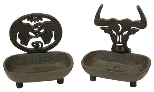 Rustic Cast Iron Western Soap Dish Set – Bull Fighting & Bull Head Catchall Trays | Farmhouse Cowboy Decor (Set of 2) IWGAC