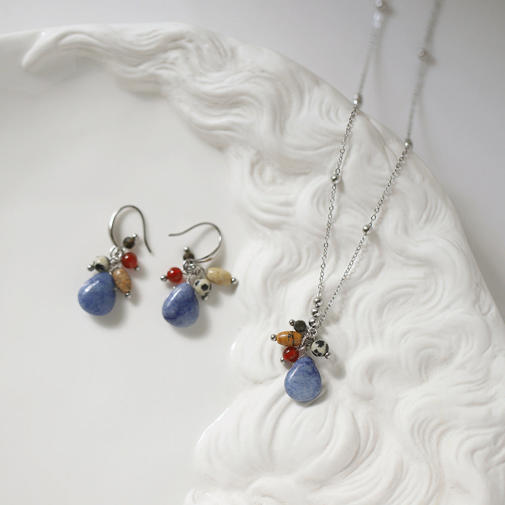 Natural Stone Necklace & Earring Set | Blue Aventurine Retro Titanium Steel Earrings Set - EverCharm Gifts
