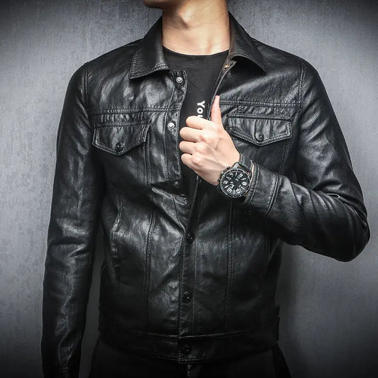 Mens PU Leather Jacket Slim Fit Zipper Coat for Spring & Fall TED