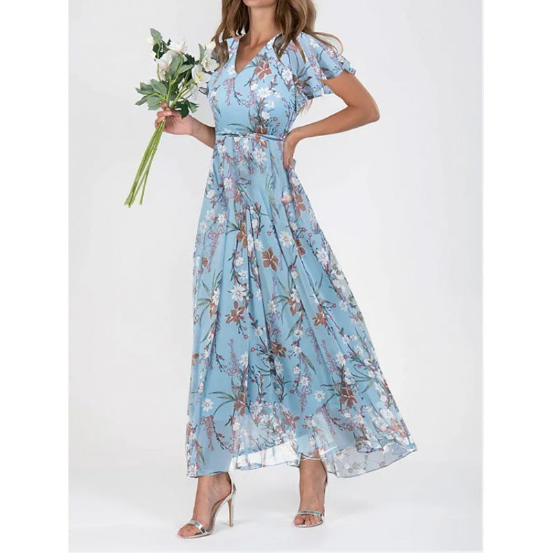 Womens Floral Chiffon Maxi Dress - Ruffle V-Neck Off-Shoulder Swing Dress | Elegant Boho Summer Dress TED