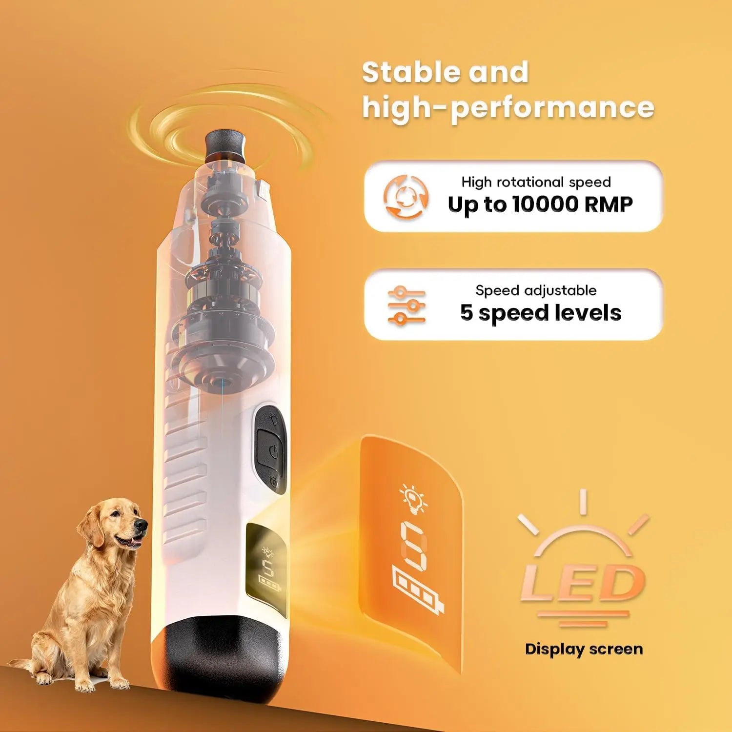 Silent Groom Pro Dog Nail Grinder – Rechargeable 5-Speed Pet Nail Trimmer with LED Light | Quiet Grooming Tool for Dogs & Cats CJ