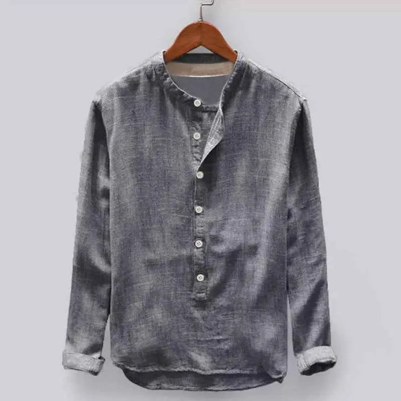 Mens Stand Collar Long Sleeve Shirt  Lightweight Cotton Blend Casual Loose Fit Top