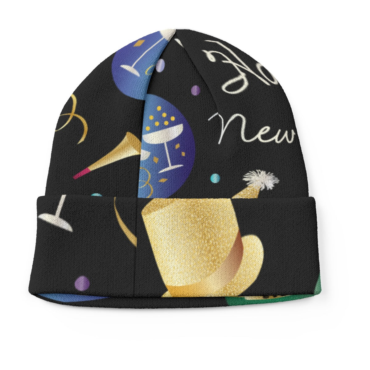 New Year’s All-Over Print Knitted Hat – Festive Winter Beanie Cap | Cozy Holiday Knit Hat for Men & Yoycol