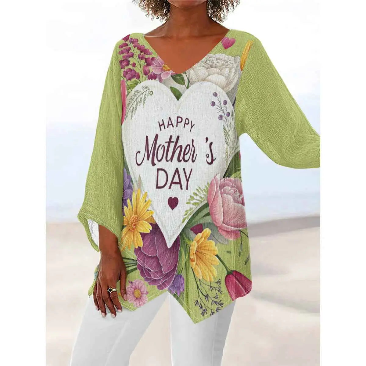 Mothers Day Custom All-Over Print Women’s V-Neck T-Shirt – Long Sleeve Irregular Hem Top