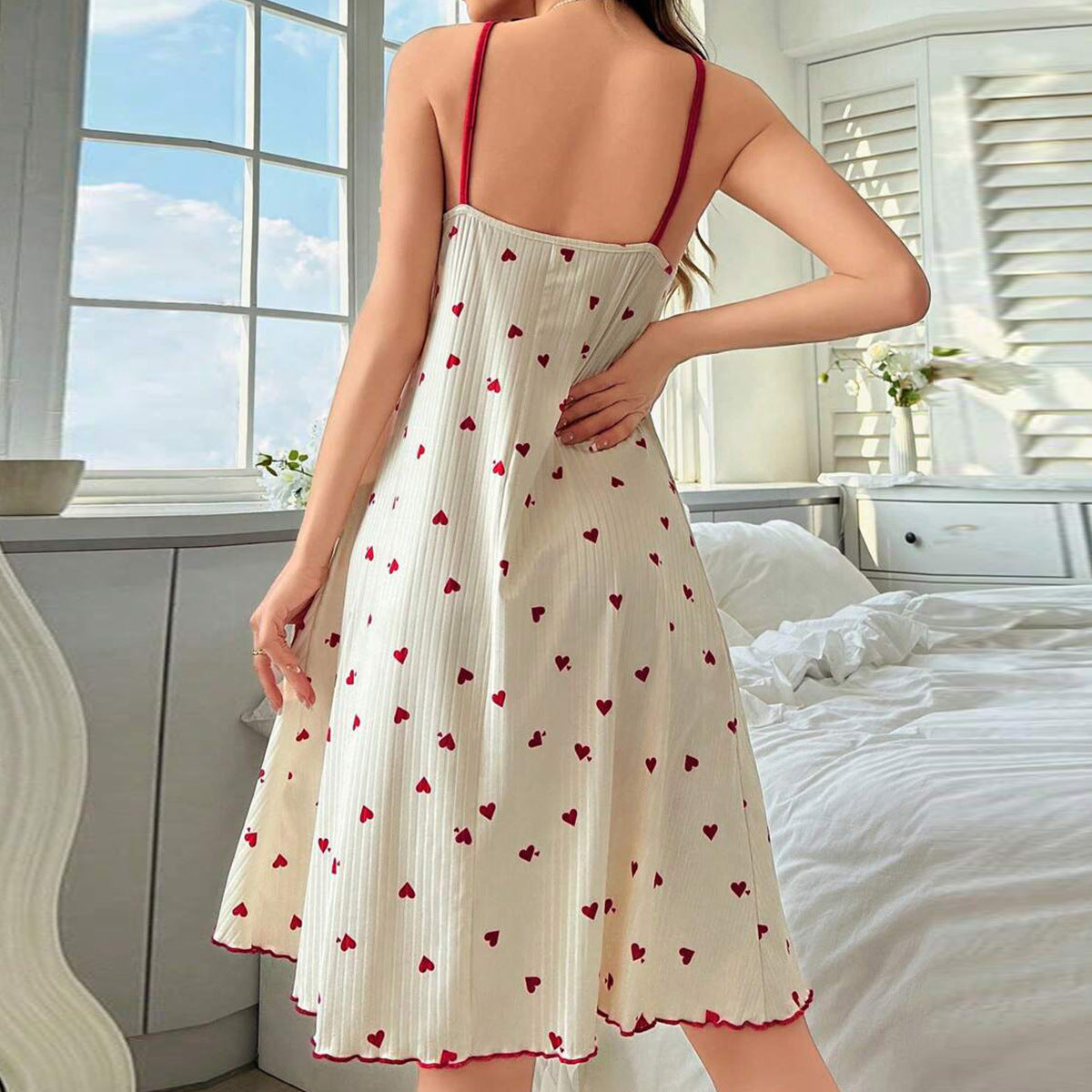 Womens Lace-Up Love Print Nightgown - Valentine Sleeveless Lounge Dress | Soft Ribbed Sleepwear for Women TED